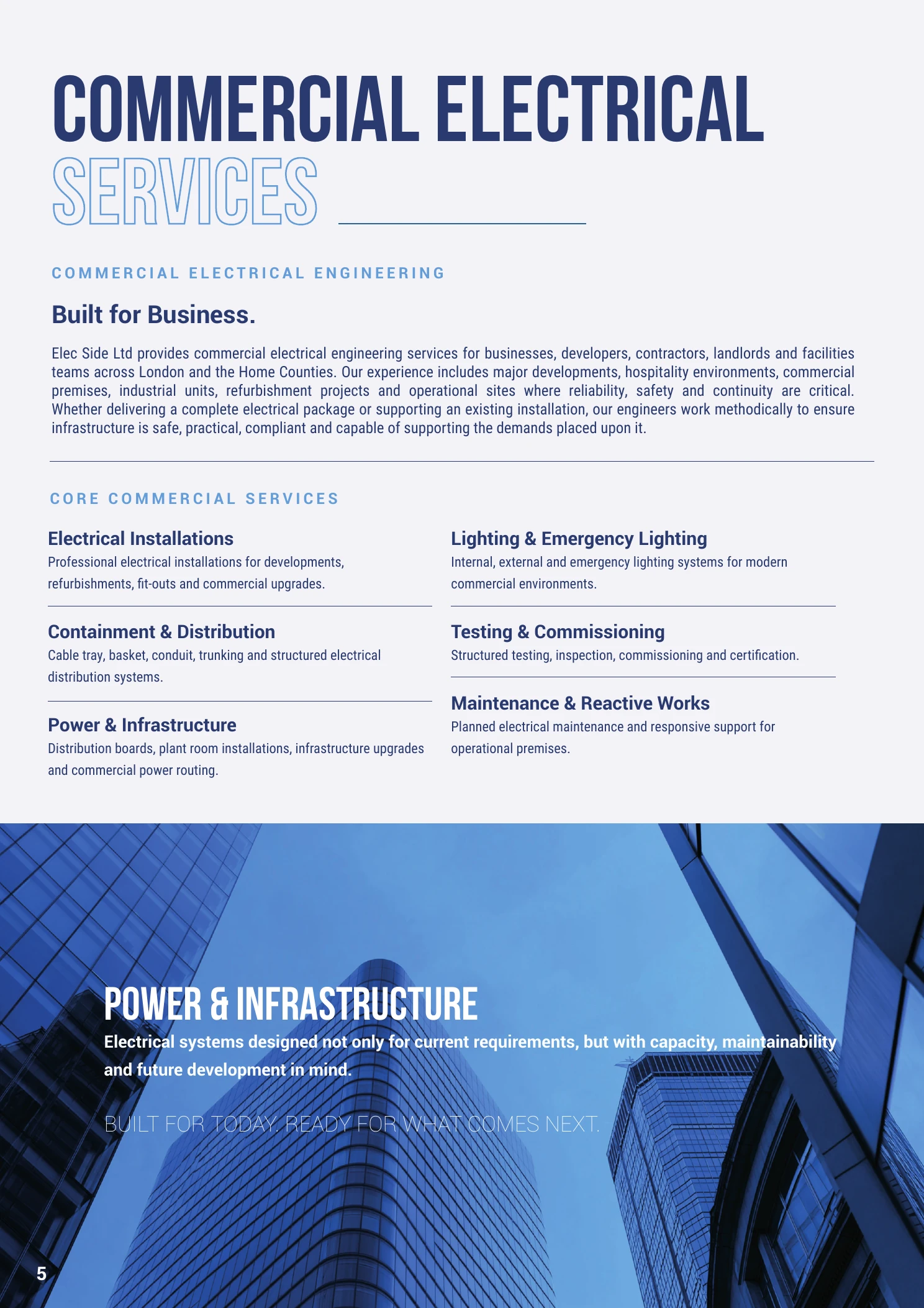 Commercial Electrical Services brochure page, with headings, service descriptions and architectural imagery