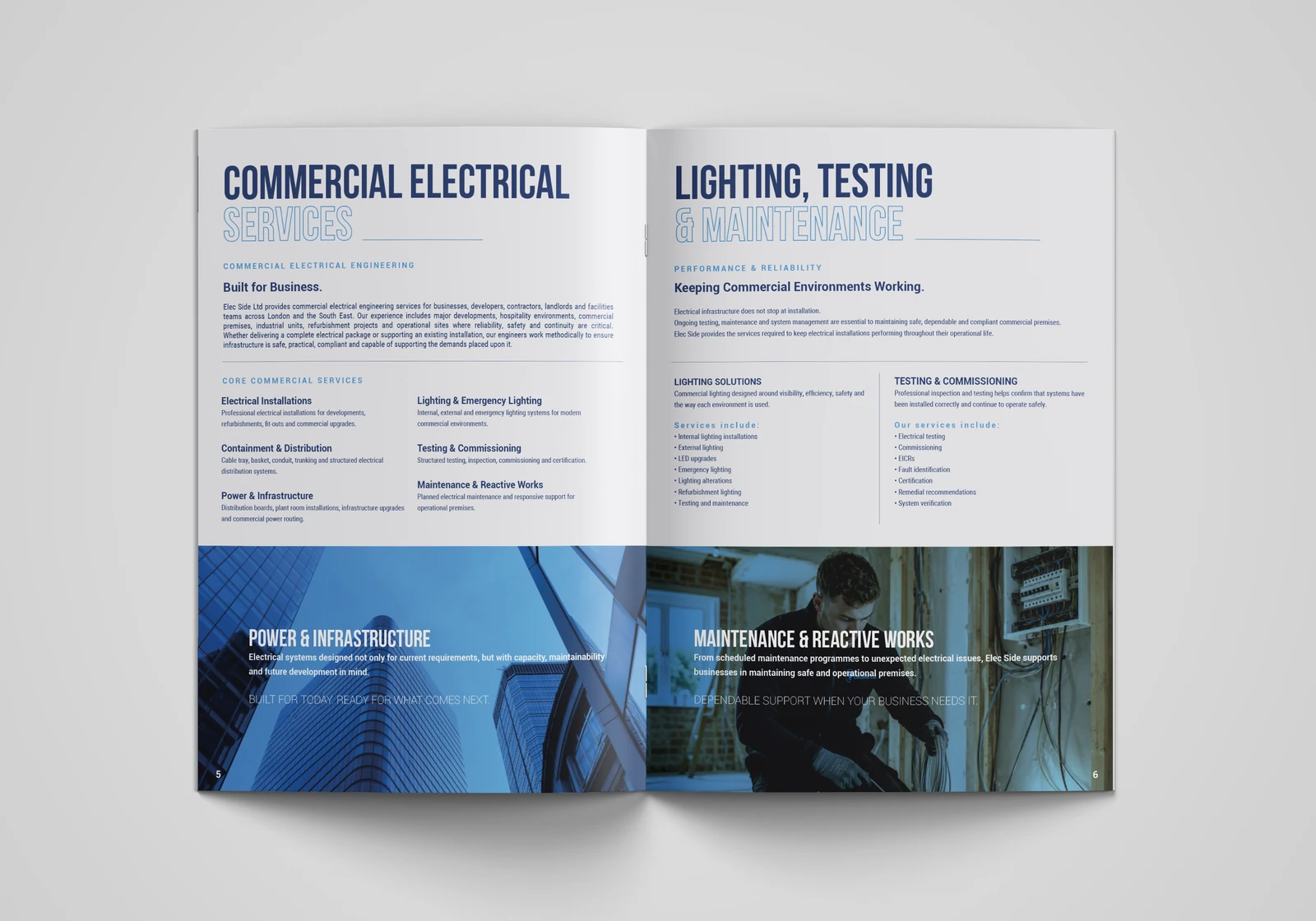 Open brochure showing the Commercial Electrical Services and Lighting, Testing and Maintenance spread