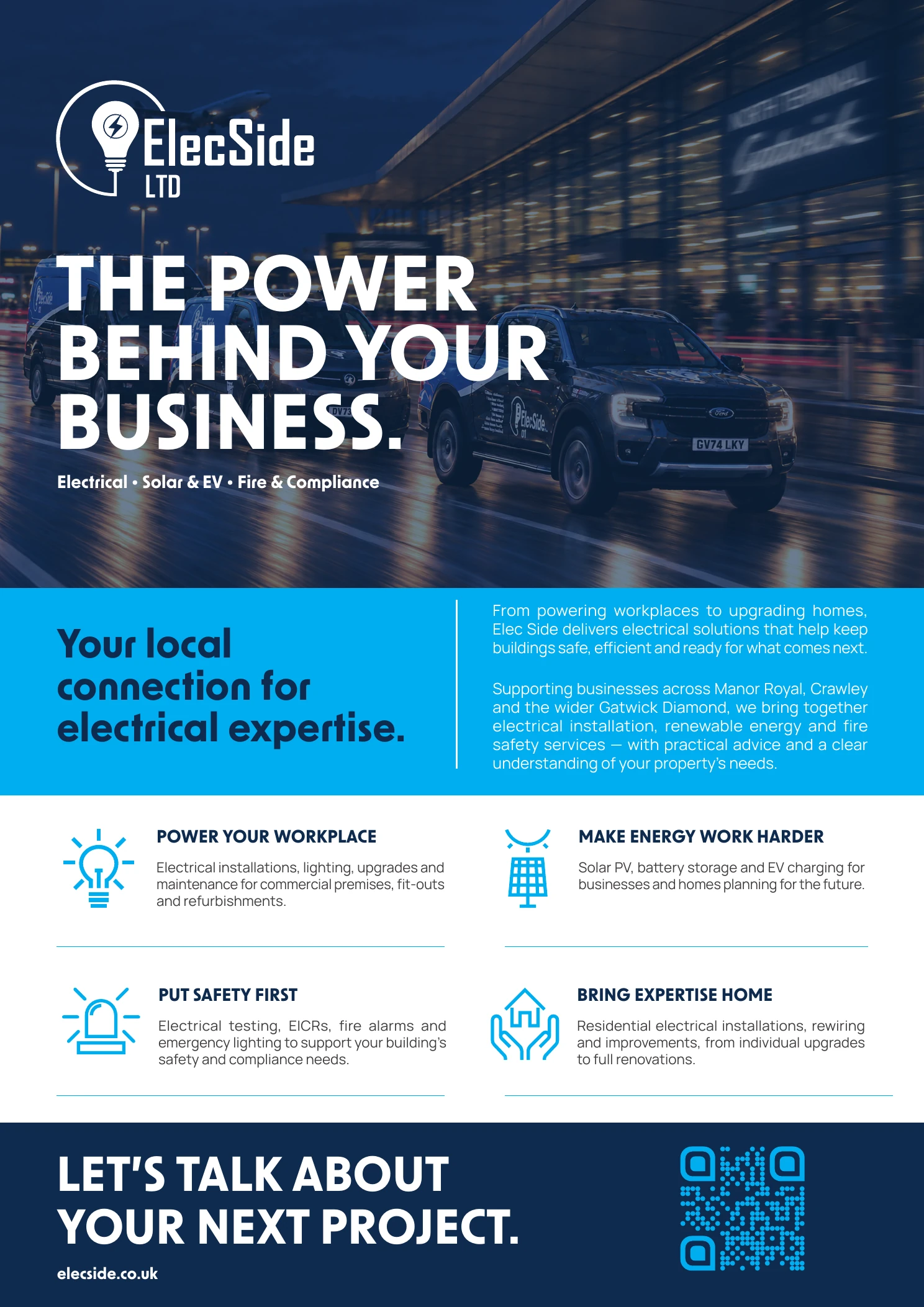 Gatwick Diamond advert: The power behind your business, with service information and a QR code