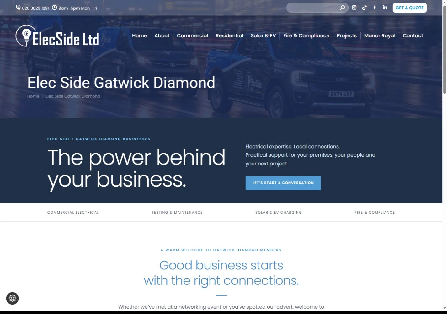The dedicated Gatwick Diamond landing page, continuing the advert’s The power behind your business message