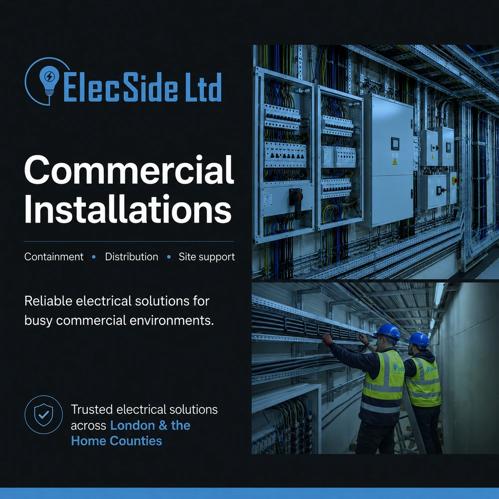 Elec Side Commercial Installations social graphic, combining electrical infrastructure imagery with a focused service message