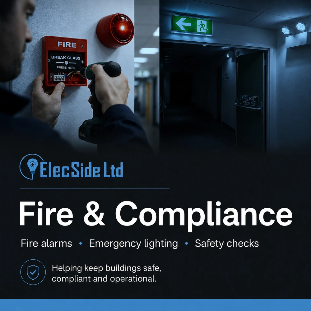 Elec Side Fire and Compliance social graphic featuring a fire alarm and emergency exit lighting