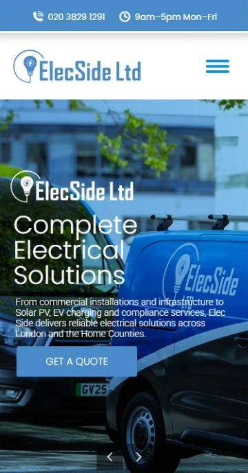 Actual mobile homepage with Elec Side’s menu, electrical-services introduction and Get a quote button